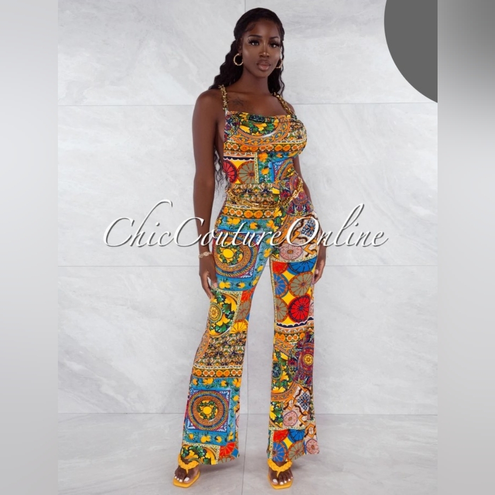 Red and Orange Cartoon Print Jumpsuit with Fitted Bodice